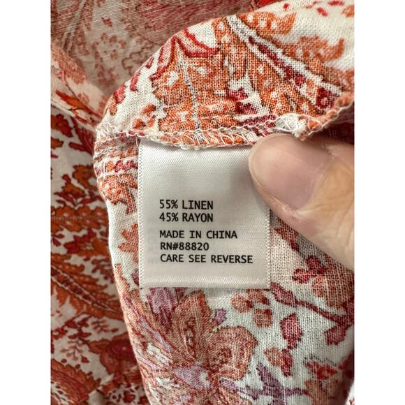 CYNTHIA ROWLEY | Linen Blend Paisley Boho Blouse Orange Pink Flowy Top | 2X - Picture 6 of 7